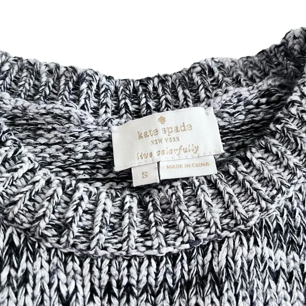 Kate Spade Black White Space Dye Heathered Knit Short Sleeve Crewneck Sweater S